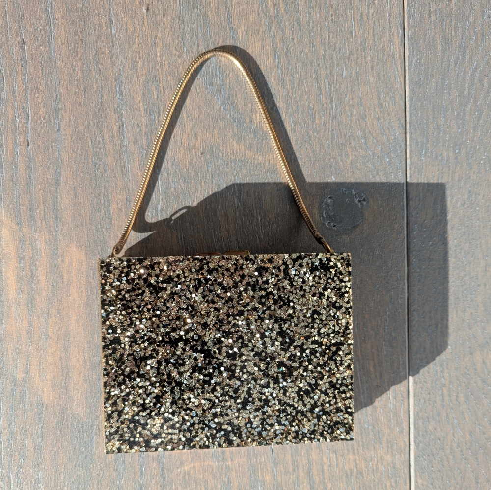 Unique 1950's Gold Metal Minaudière Compact / Cigarette Purse with Glitter